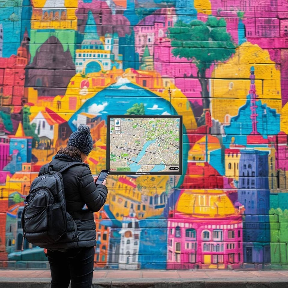 A person checking a map on their phone while standing in front of a colorful mural in a foreign city